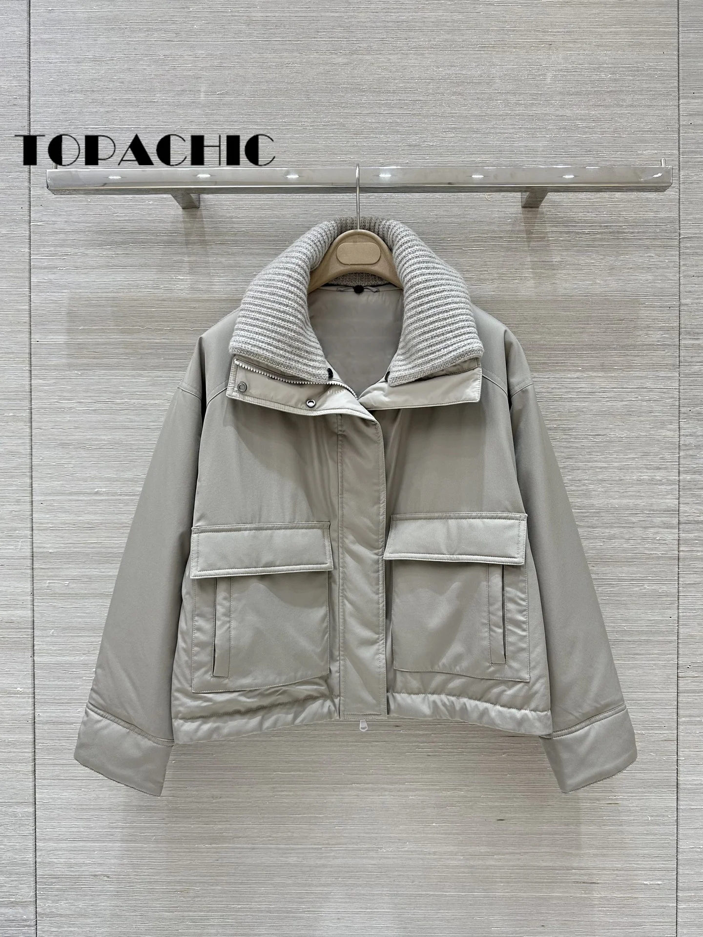 8.26 TOPACHIC-Women Back Bead Chain Long Sleeve Goose Down Coat Knit Lapel Detachable Design Big Pocket Loose Outerwear