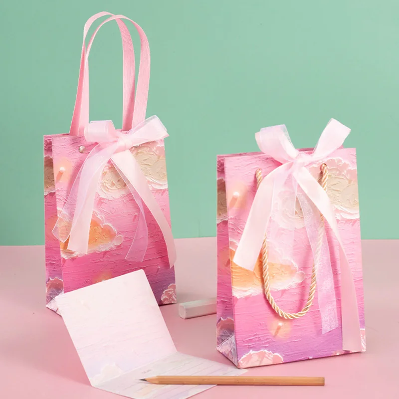 3D Cloud Oil Painting Paper Bag Flower Gift Packaging Bag With Handle Colorful Clothes Store Handbag Wedding Party Favor Bag