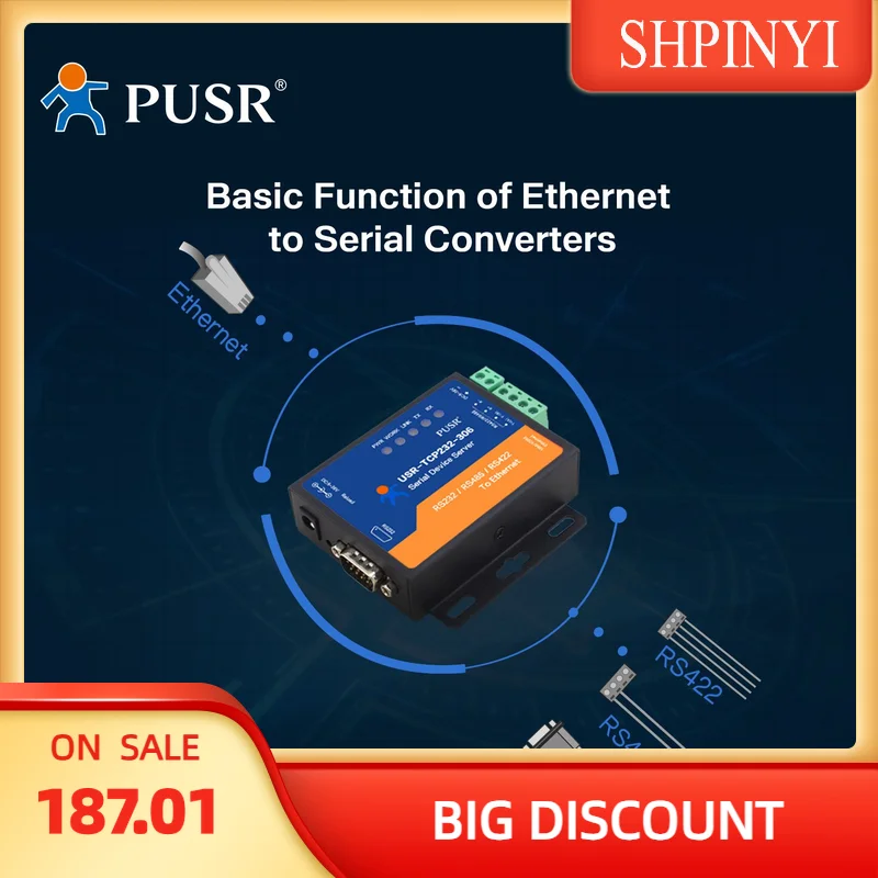 

USR-TCP232-306 Экономичный RS232 RS485 RS422 в Ethernet Выберите один сервер TCP,TCP-клиент, режим UDP, режимы работы клиент HTTPD