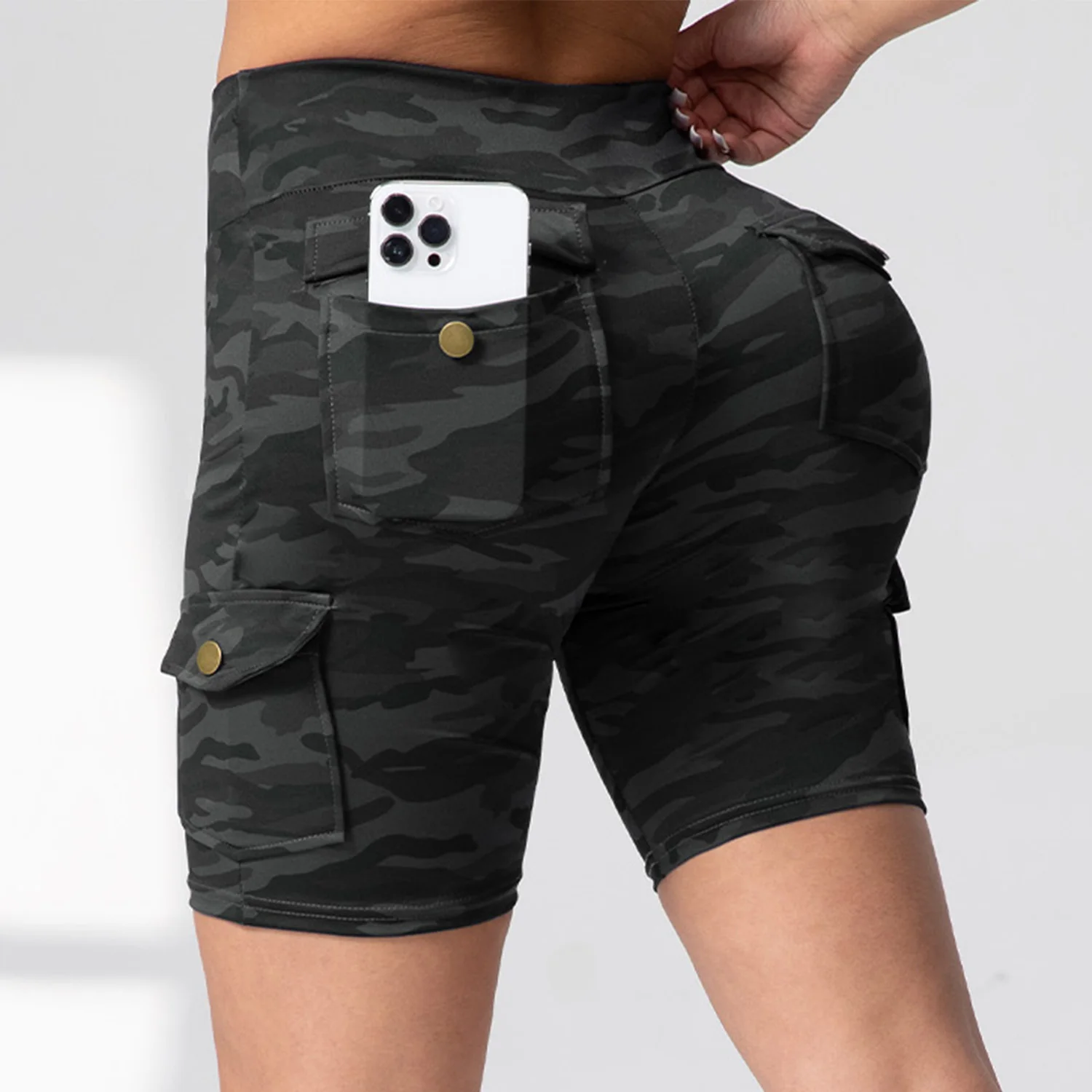 

Women Pockets Cargo Shorts Leggings Camouflage Printed Butt Lifting Tummy Shorts Pants Elastic Running Workout Streetwear Shorts