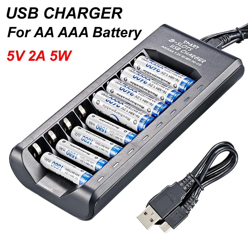 8 Slots Smart Electric USB Charger DC 5V 2A For 1.2V AA/AAA Ni-MH/Ni-Cd Rechargeable Battery LED Light Indicator