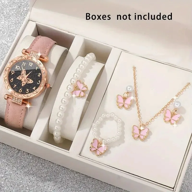 6PCS/Set Women\'s Elegant Butterfly Quartz Watch PU Leather Wrist Watch Arabic Numeral Surface & Pearl Jewelry Set