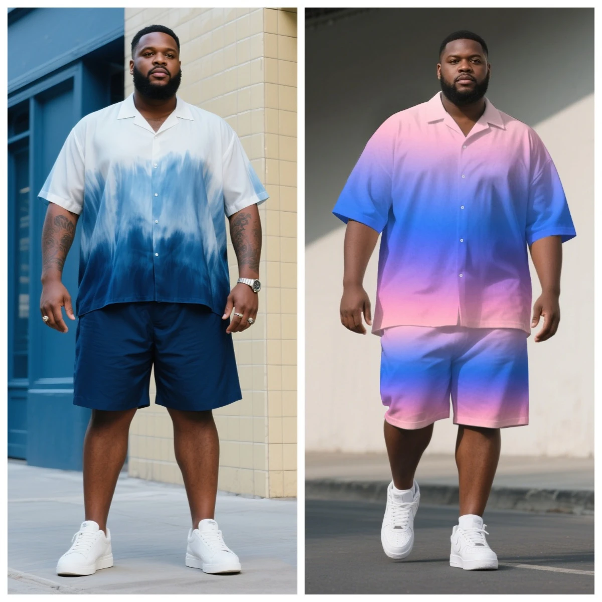 

S-9XL Big and Tall Men Summer Gradient Ombre Tie-Dye Print Oversized Shirt Shorts Set Multi-Color Casual 2-Piece Outfit