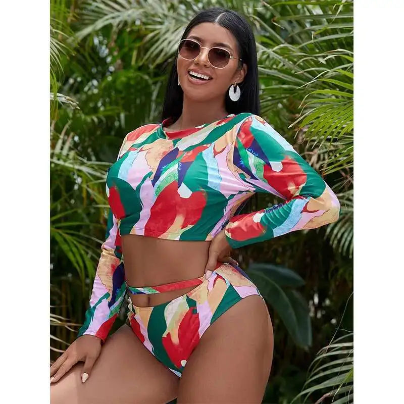 Nowy Plus Size Dzielony Strój Kąpielowy Damski Bikini Gorąca Sprzedaż Konserwatywny Długi Rękaw Wysoki Stan Strój Kąpielowy Plażowy Damski Casual Y2k