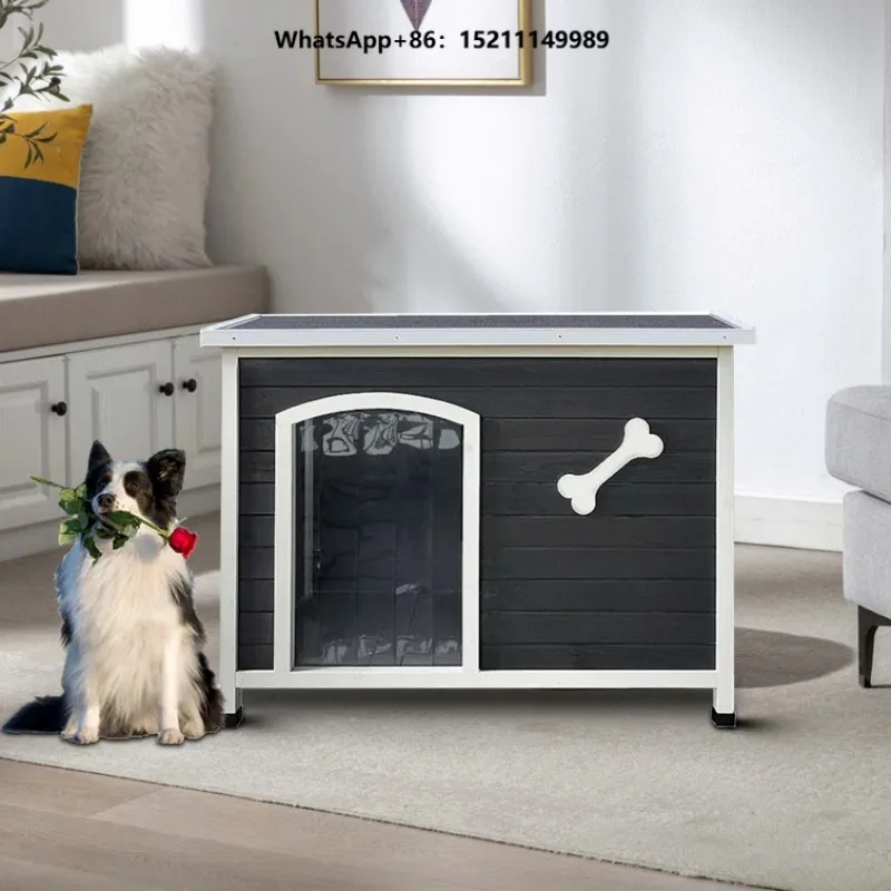 Large Pine Wood Dog House Outdoor/Indoor Kennel Windproof Anti-Chewing Frame Raised Feet Square Push-Up Closure Weatherproof