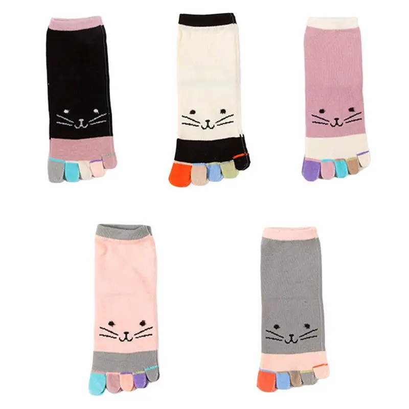 Women Cartoon Meow for Cat Cotton Toe Socks Candy Colorful Five Finger Sport Hos