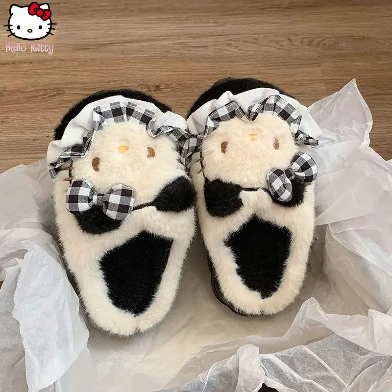 

Теплые хлопковые тапочки Hello Kitty для девочек Kawaii, осенне-зимняя новая студенческая домашняя обувь Sanrio с героями мультфильмов аниме, модная хлопковая обувь