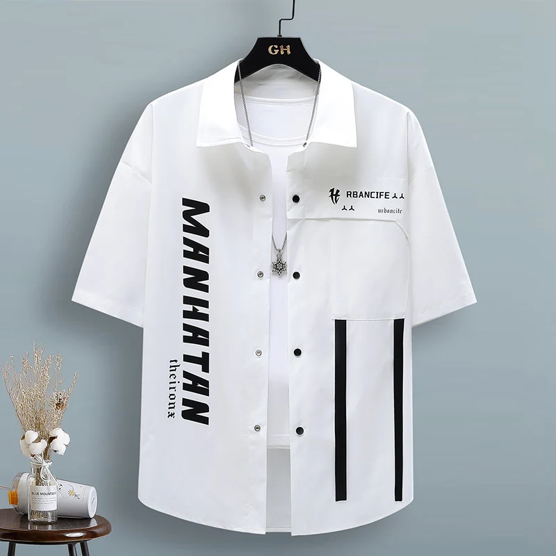 

Casual Loose Men's ort Sve irt Sli Summer Faion Breathable Polyester Fiber Stand Fit Button down Youthful