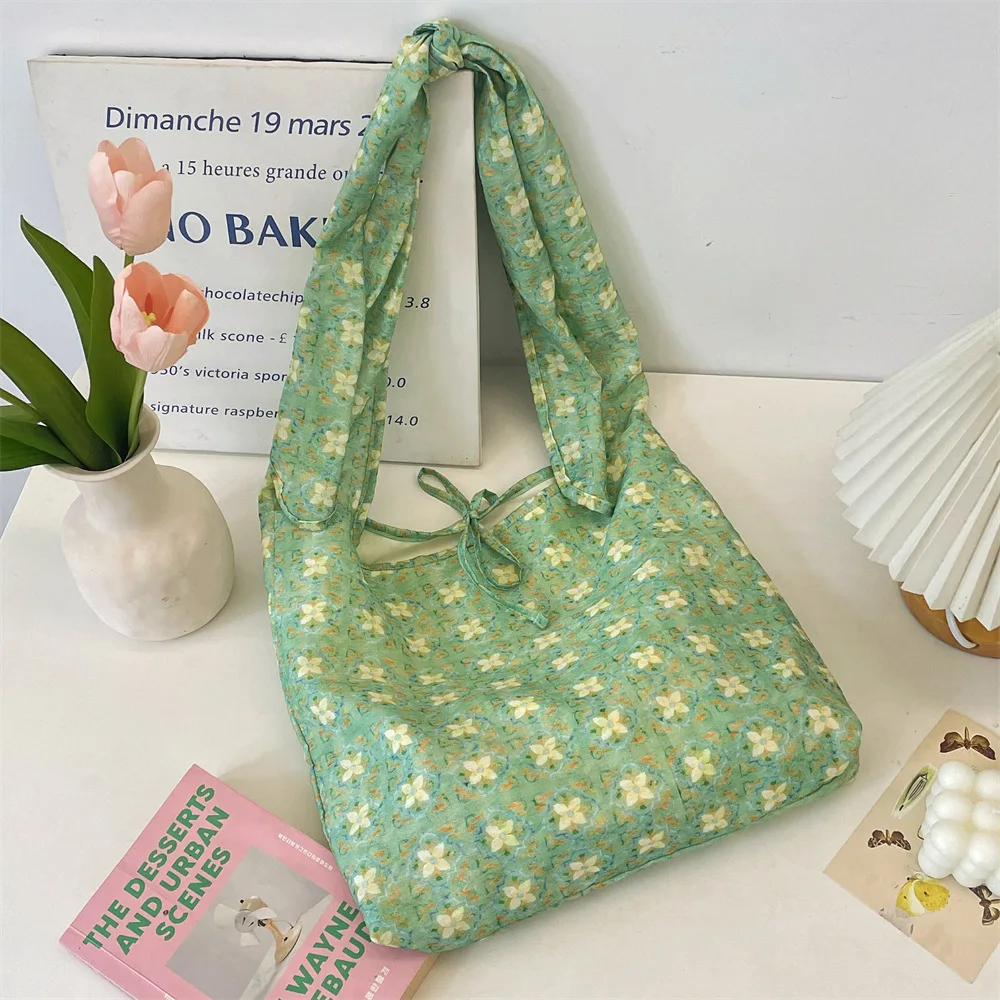 

Стильная зеленая холщовая сумка-тоут с цветочным принтом, женская вместительная сумка через плечо, повседневный аксессуар для шопинга
