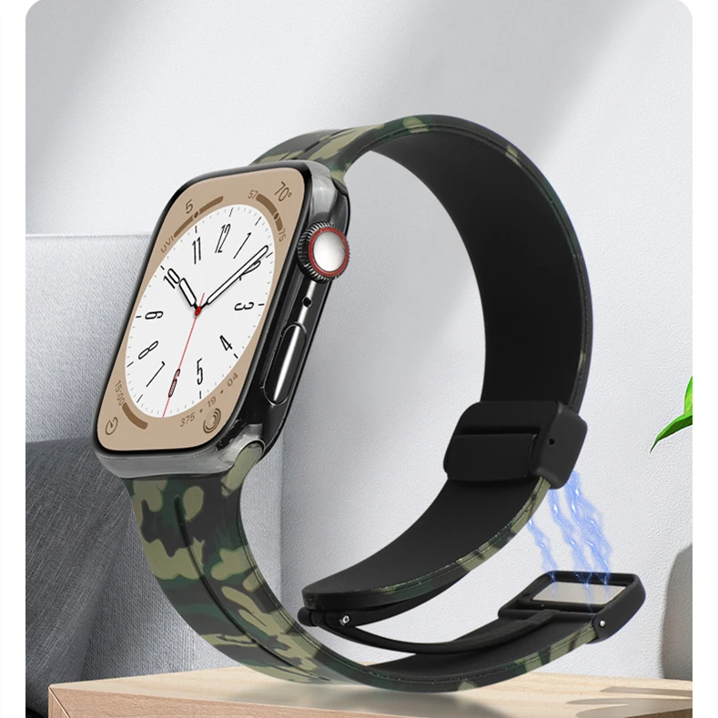 Camouflage Magnetic Buckle Strap For Apple Watch Ultra 2 Band 49mm 44mm 45mm 41mm 40mm 42mm 38mm Silicone Bracelet Series 7 8 SE