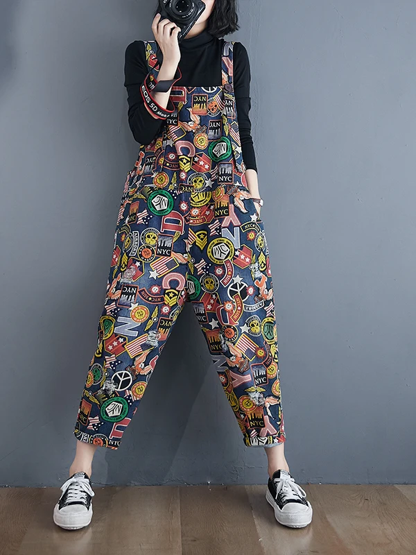 

Spring Autumn Loose Wide Leg Jeans Korean Sle Nine Points Harem Pants Slimming Print Casual Faionable Overalls