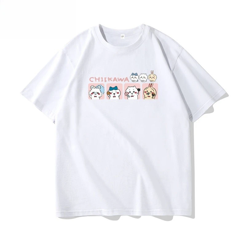 Licensed Chiikawa Multi Character Square Panel T-Shirt Unisex Pure Cotton Loose Harajuku Cute Cartoon Short Sleeve Tee