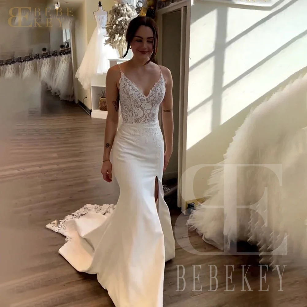 

BEBEKEY Spaghetti Straps Wedding Dress with Split Sexy Lace Mermaid Wedding Party Gown Customized Bridal Dresses Formal Gowns