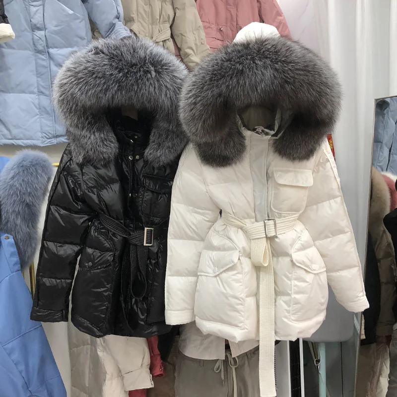 Doudoune à capuche en fourrure de renard pour femme, manteau de luxe, grand col, duvet de canard blanc, coupe ajustée à la taille, nouveau Style, Parka ample et décontractée, hiver 2023