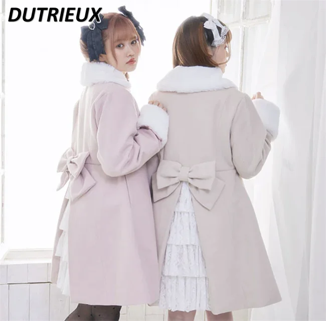 2023 New Fall Winter New Cute Japanese Style Woolen Coats Women Lolita Long Coat Warm Bow Mid-Length Lace Stitching Trench Coat