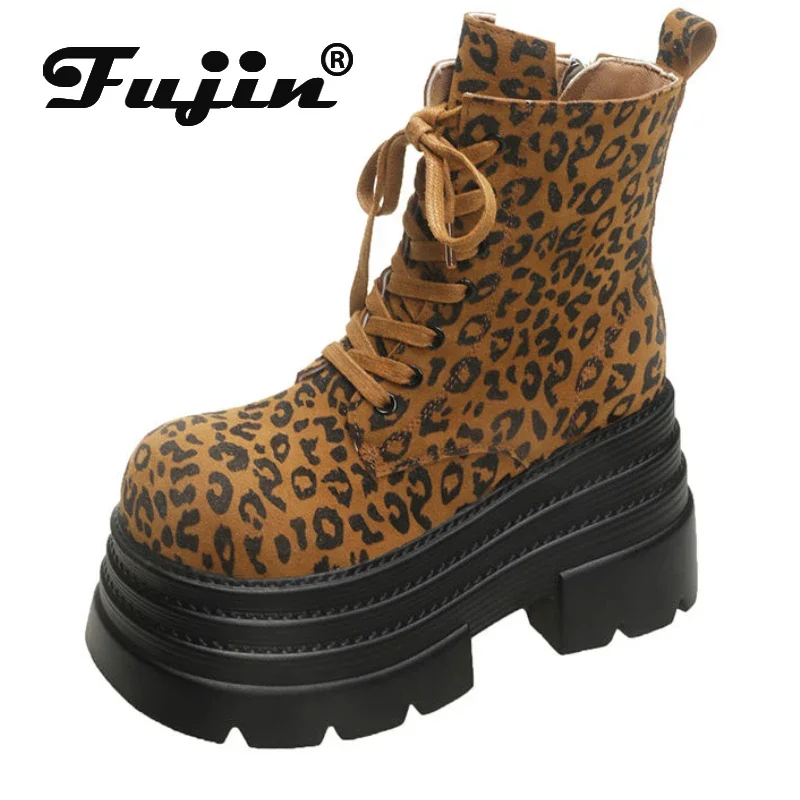 

Fujin 12cm Women Autumn Spring Fashion Leather ZIP Booties Flats Platform Wedge Ankle Boots Synthetic Pigskin Suede Shoes