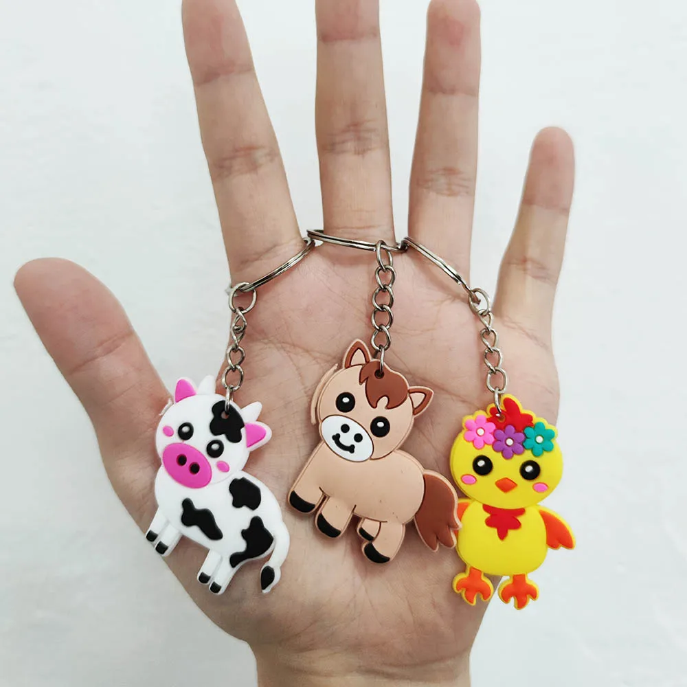 6/12/18/24pcs Barnyard Farm Animal Keychains Cow Sheep Chick Piglet Key Ring Farm Birthday Party Supplies Party Bag Filler Decor