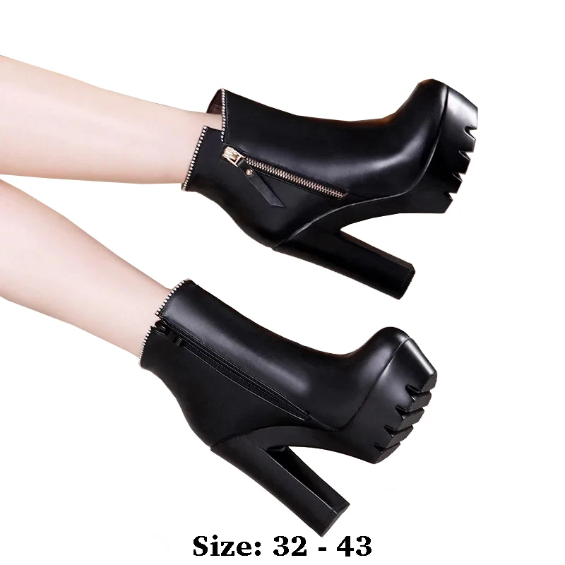 

High quality short ankle leather boots for women 13cm high heel platform new 2025 autumn winter 32 33 43 fashion shoe black