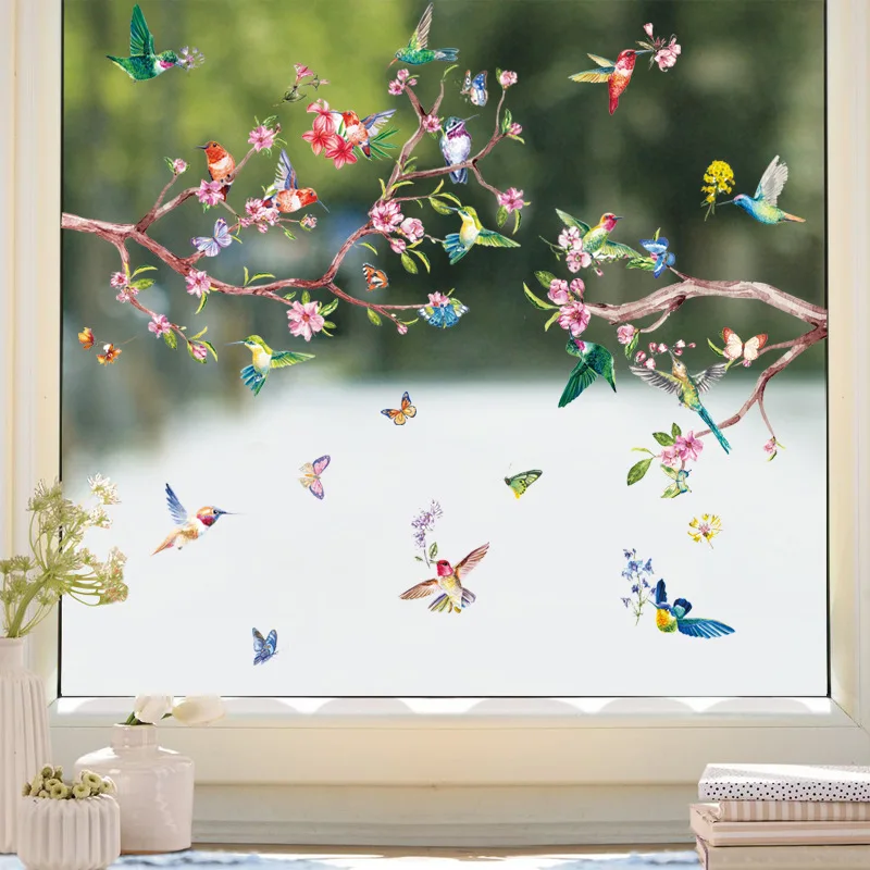 Spring Hummingbird Living Room Wall Decals Self-Adhesive Plant, Twig, and Butterfly Wall Stickers and Posters