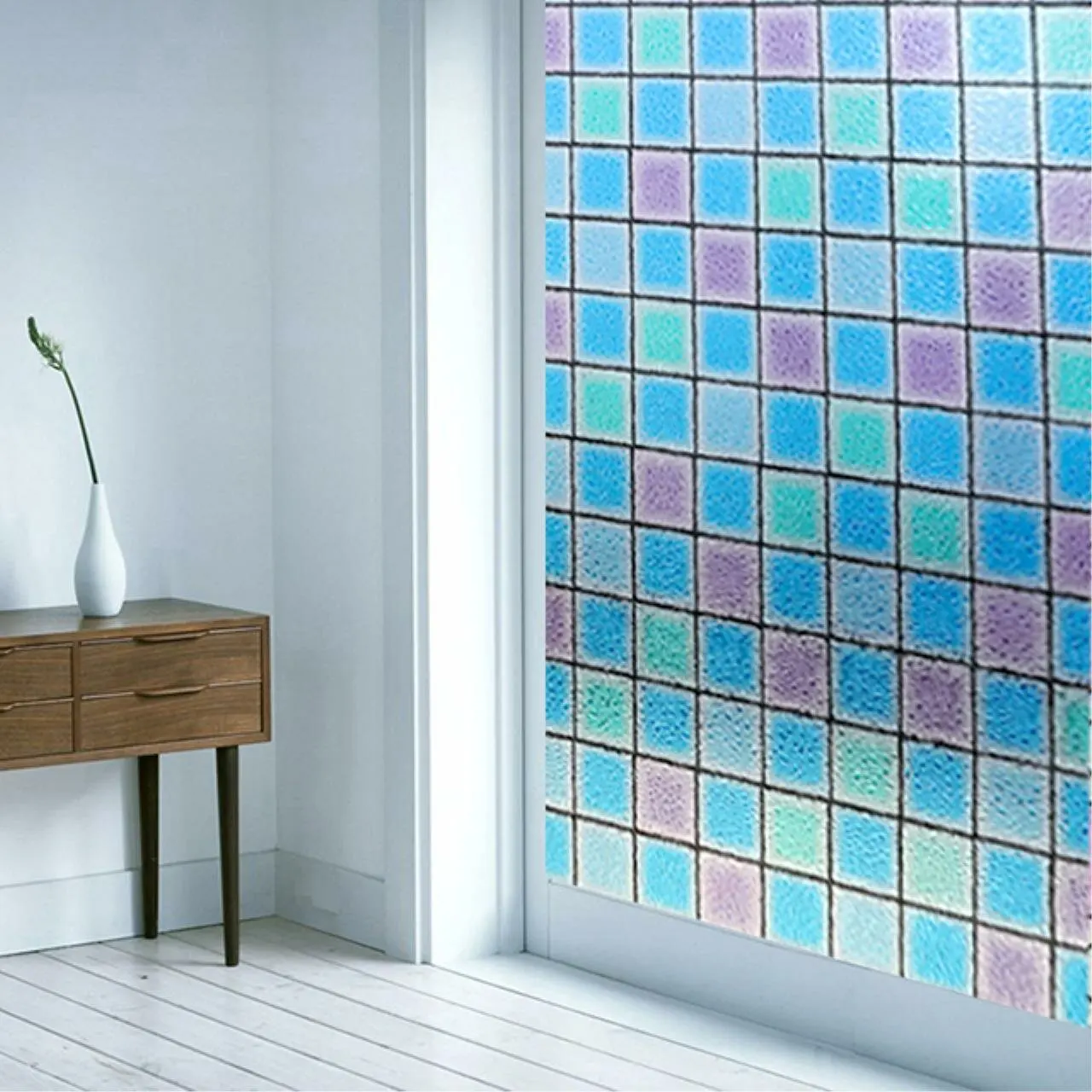 Blue Square Mosaic 3D Embossed Static Cling Window Film Non-Adhesive Decorative Glass Film Privacy Light Filtering Window Cover