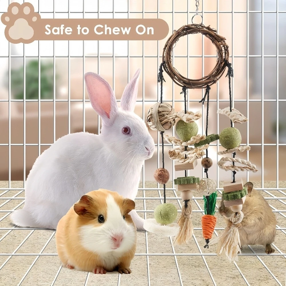 

Rabbit Hanging Chew Toy with Grass Balls Natural Teeth Grinding Toy for Small Animals