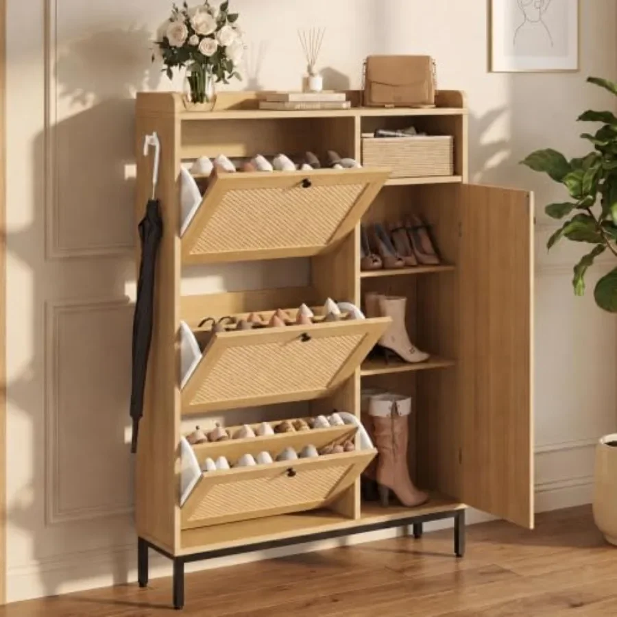Shoe Cabinet with 3 Flip Drawers and 4-Tier Shoe Storage Cabinet, Freestanding Shoe Organizer with Adjustable Shelf and Rattan