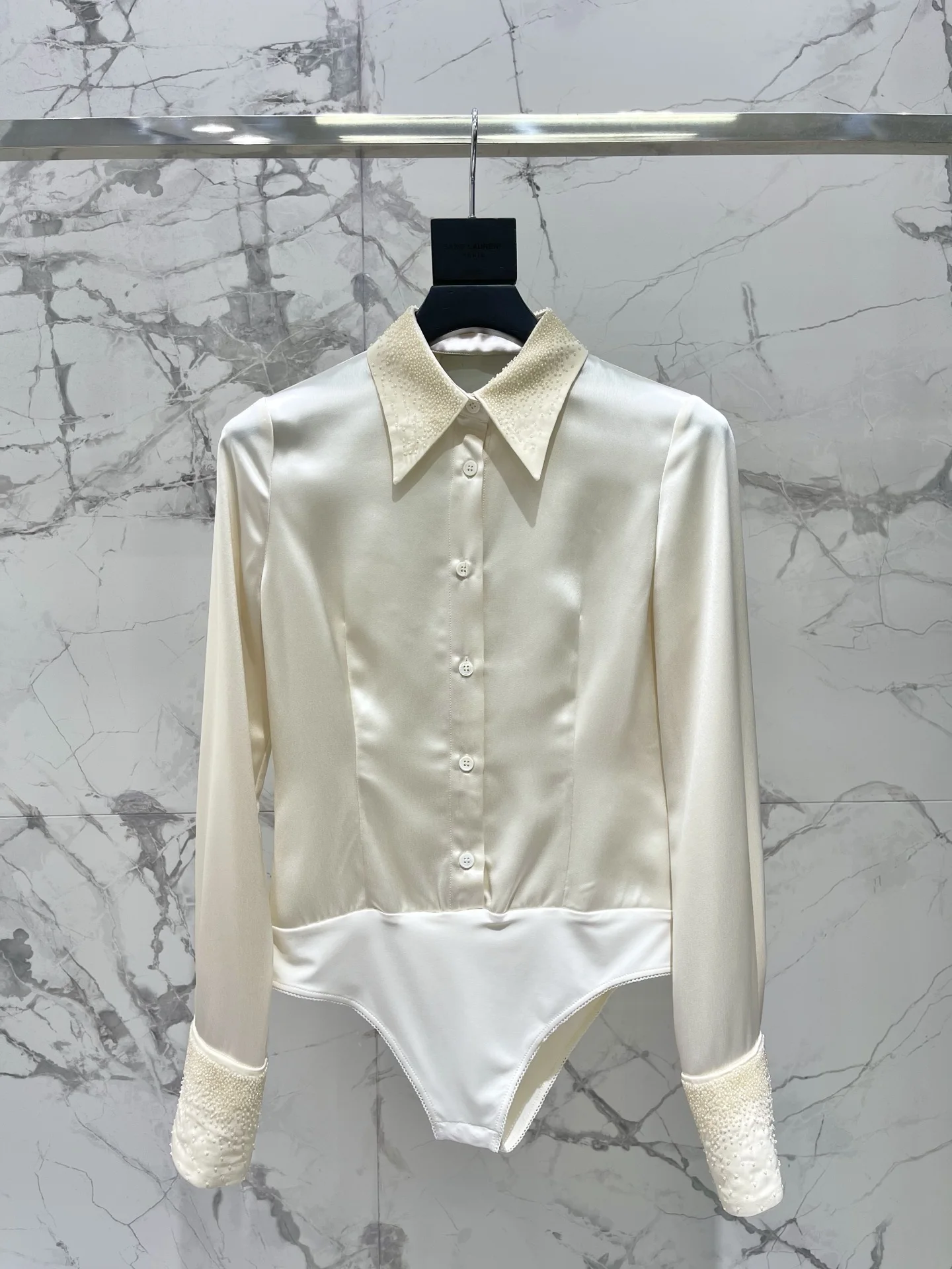

Elegant Women's Embroidered Bead Heavy Work Acetate Fabric Shirt Style Jumpsuit Slimming Luxury Feel Stand Collar Long Sleeve