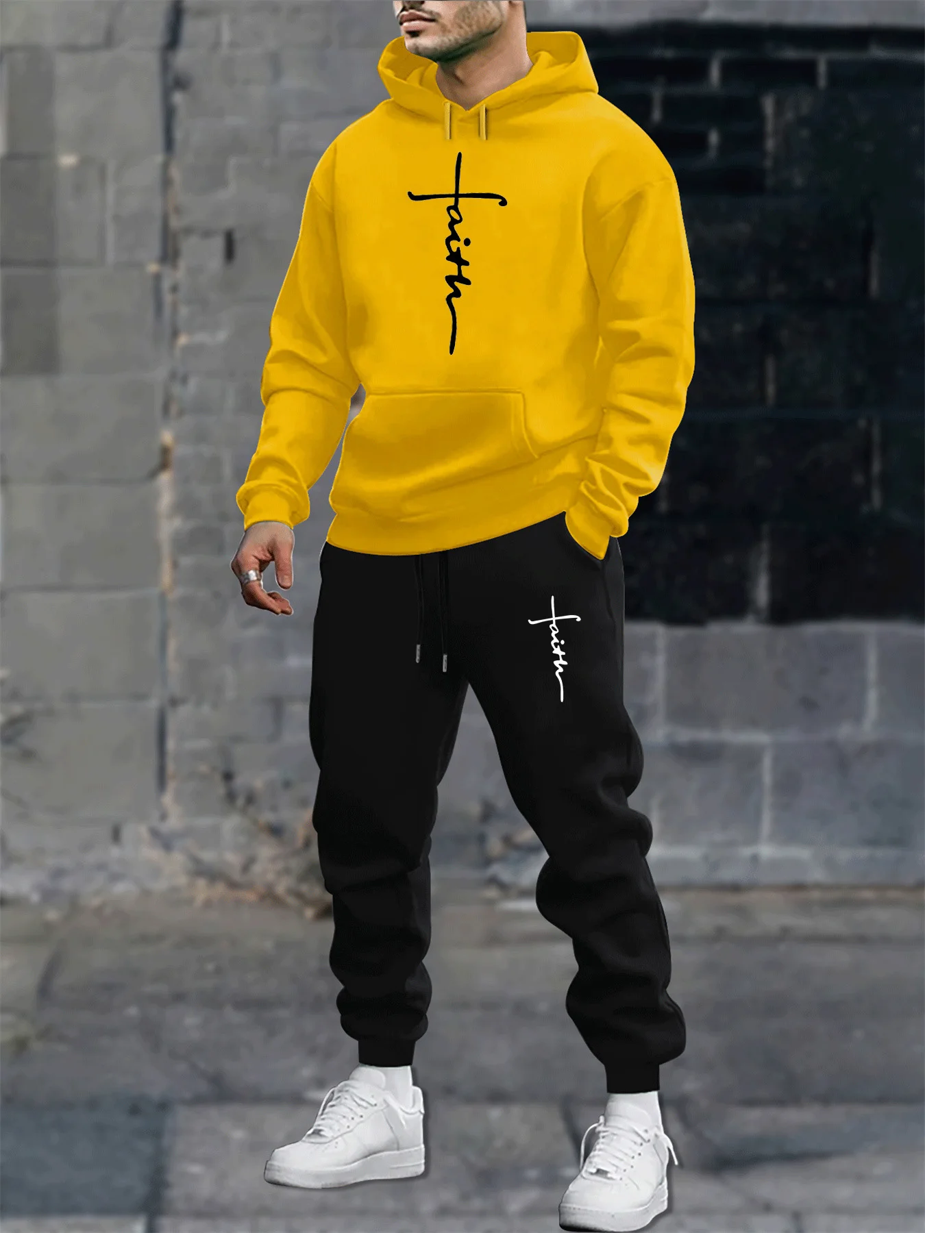 Men's autumn and winter casual fashion warm cross faith pattern print loose plush thick hooded sweatshirt+sweatpants set
