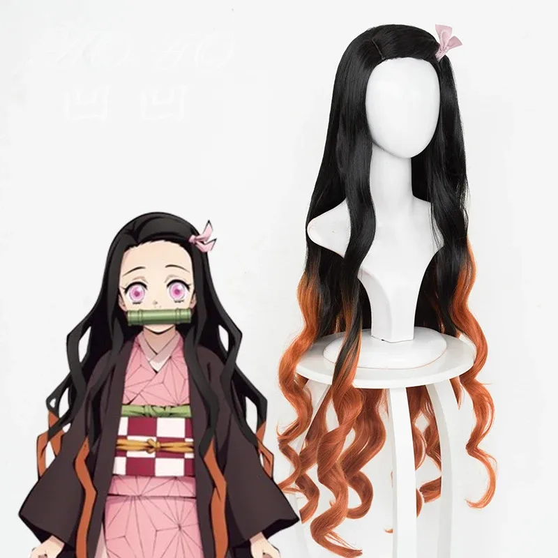 Cy100cm/39 "أنيمي كيميتسو نو يابا كامادو Nezuko كوس شعر طويل أسود مع برتقالي زي تنكري الباروكات + غطاء شعر مستعار