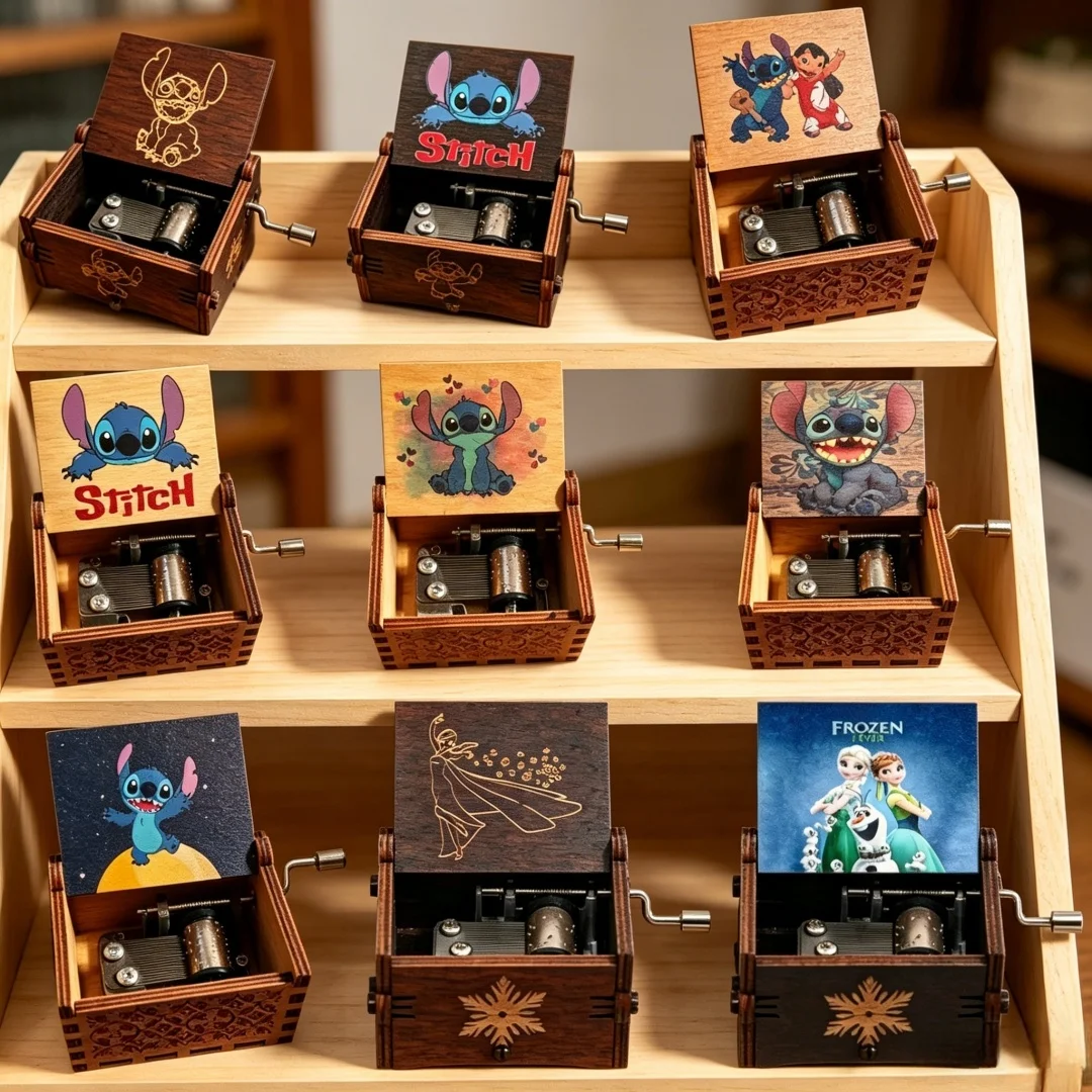 Wooden Hand Crank Music Box Engraved Cartoon Movie Theme Musical Box Gift for Fans Birthday Party