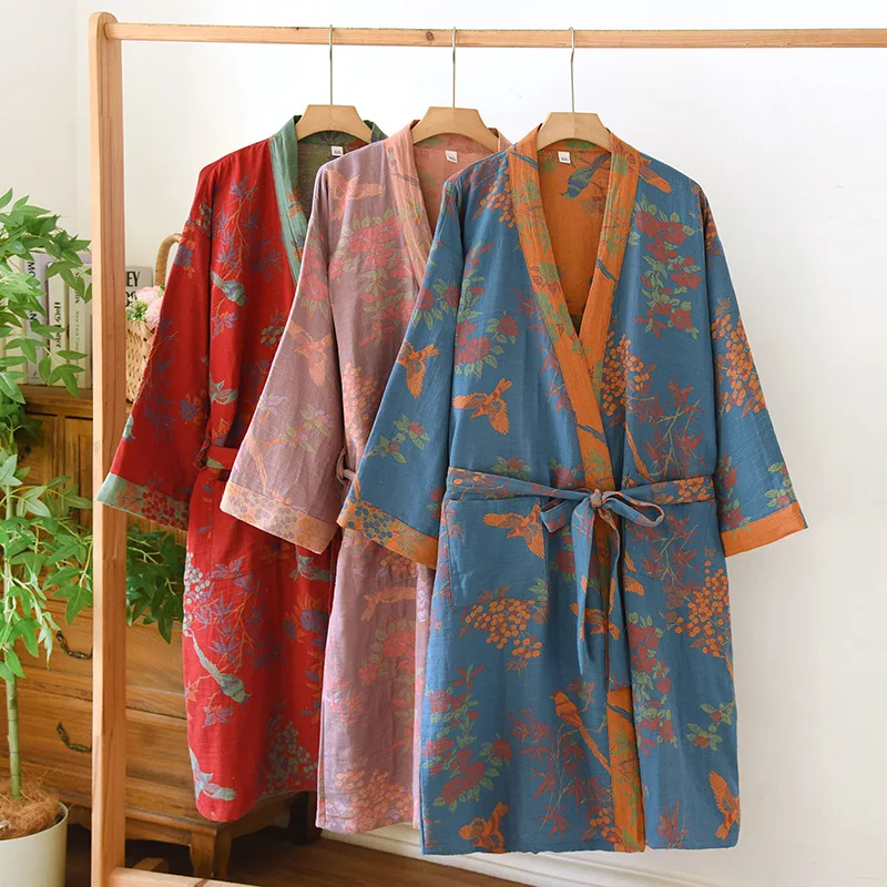Women Medium Length Yukata Bathrobe Spring Jacquard High Quality Color Woven Cotton Double Layer Gauze Sleeping Robes for