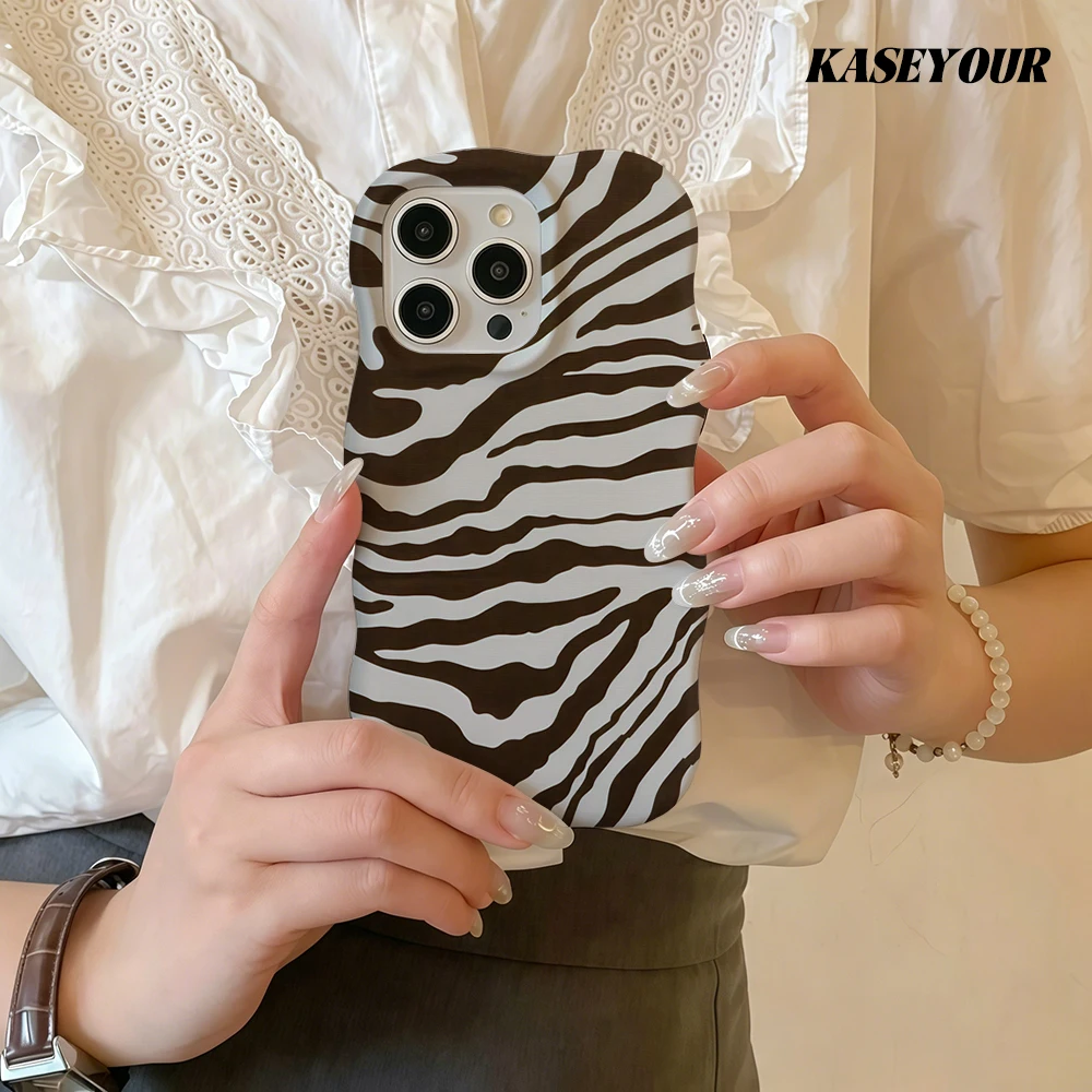 

Fashion Wave Edge Brown White Zebra Stripes 2-IN-1 Phone Case For iPhone 17 Air 16 15 14 13 12 Pro Max Shockproof Bumper Cover