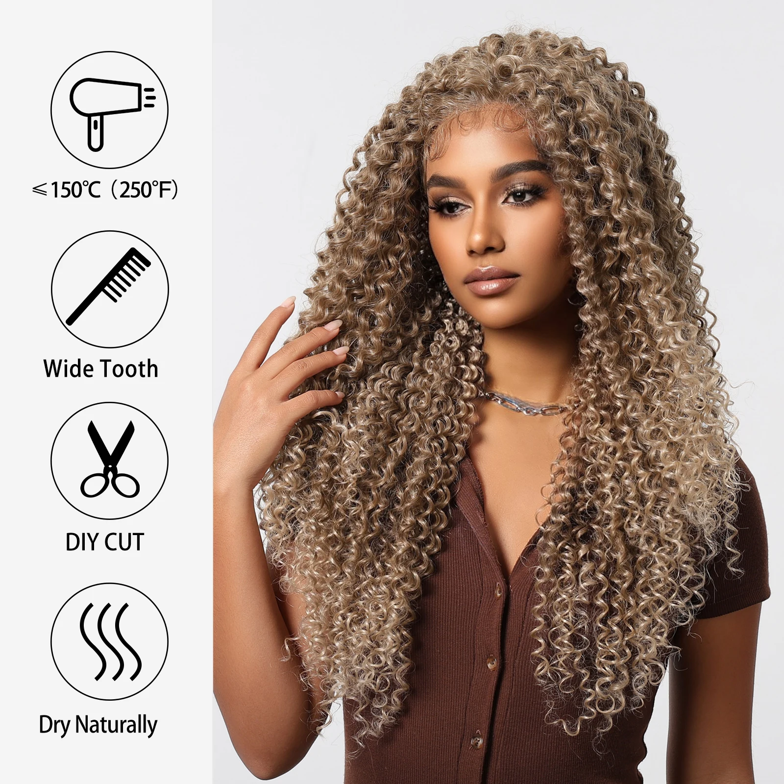 13*6 Kinky Curly Wave Lace Front Synthetic Wig for Balck Women Light Brown Golden Lace Hair Wig Heat Resistant for Daily Cosplay