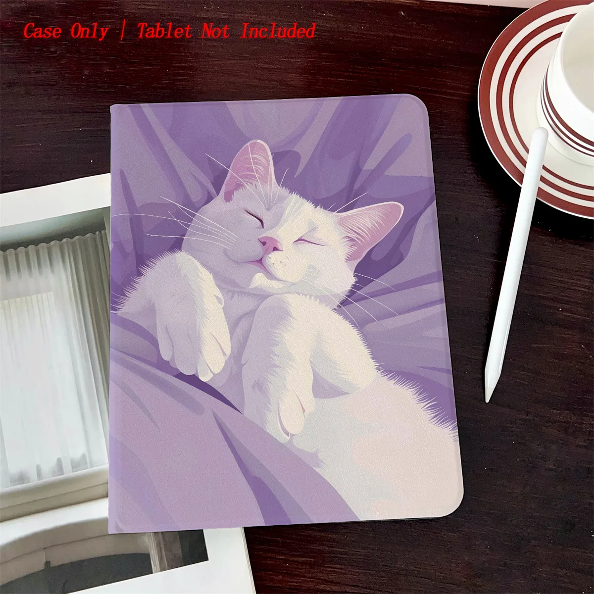 

Shockproof Book-Style iPad Cover with Pen Slot & Purple Adorable Cat Print for Multiple Apple Models, Durable Anti-Impact