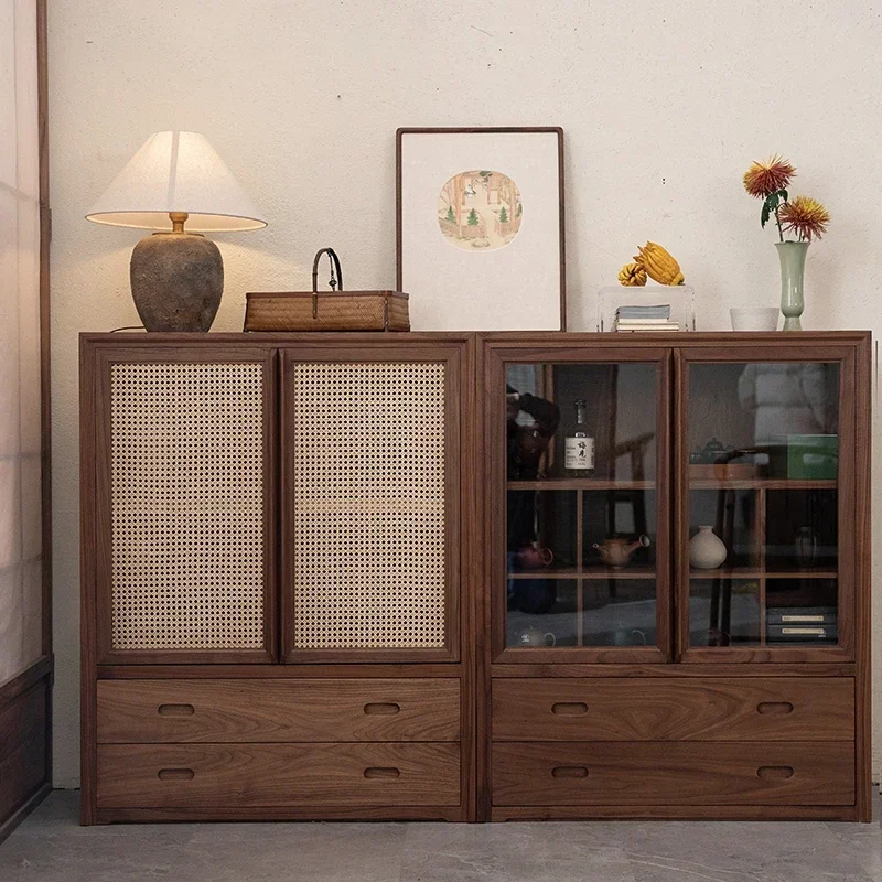 Nueva estantería china de nogal negro de madera Pu, armario de madera maciza, vitrina de pared entera de vidrio