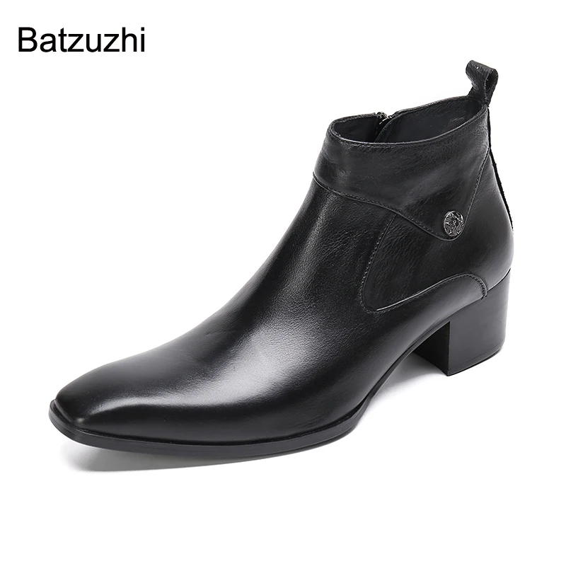 Batzuzhi 6cm Heels High Black Ankle Leather Boots for Men Pointed Toe Zipper Botas Hombre Business Shoes Men, 38-47！