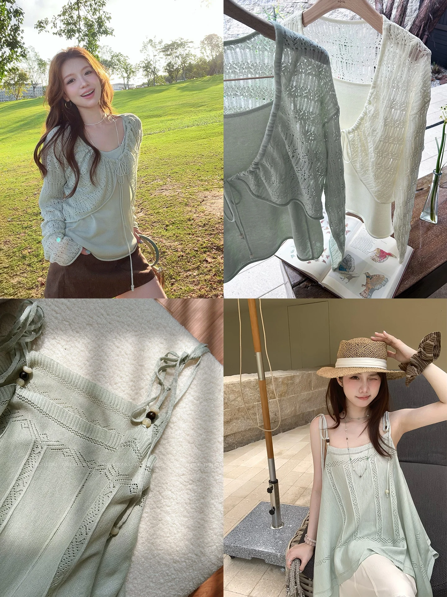 

HSTUDIO Design Hemp Linen Women's Tank Top Hollow out Sun Protection Knitted Sweater Two Piece Set Commute Style Loose Fit