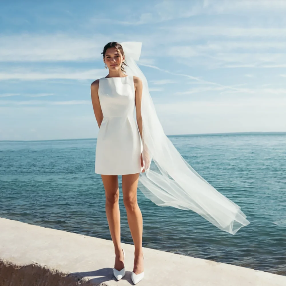 Minimalist Satin Short Wedding Dresses Sleeveless Boat Neck Mini Bridal Gowns Beach Elopement Civil Marriage Simple Bride Outfit