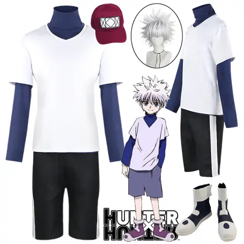 Anime Killua Zoldyck Cosplay Costume Hunter Killua White Wig Shoes Hat Full Set Outfits Halloween Party Killuar Men Cos disfraz