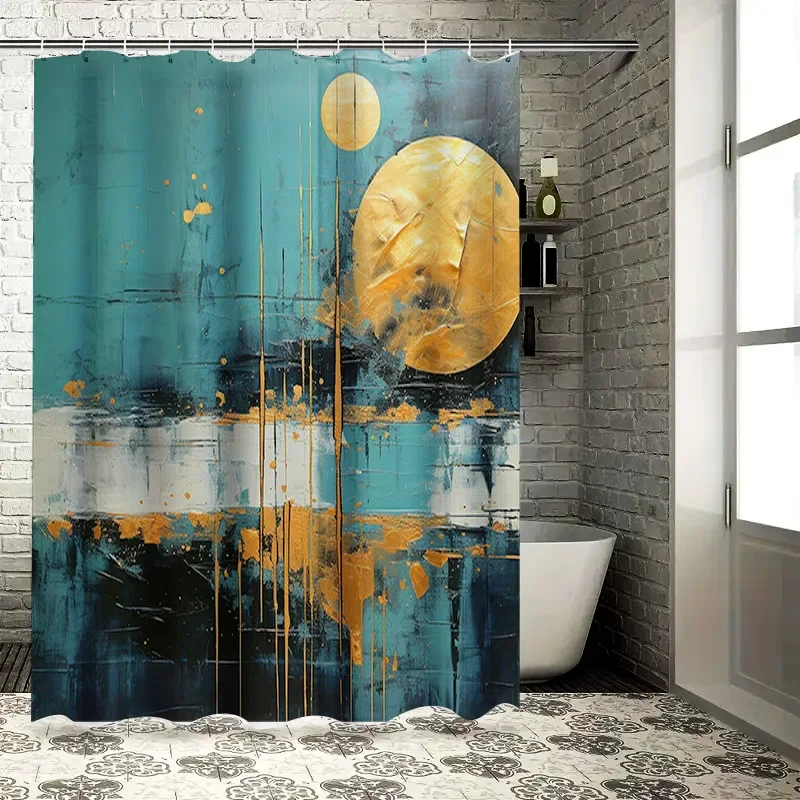 

Золотая луна, синее золото, занавеска для душа, декор для ванной комнаты, художественный принт, украшение для дома, водонепроницаемая ткань