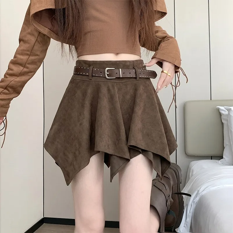 Irregular Suede Skort Skirt for Women Fall Winter 2026 New Design High-Waist Slim Anti-Exposure Skirts with Belt