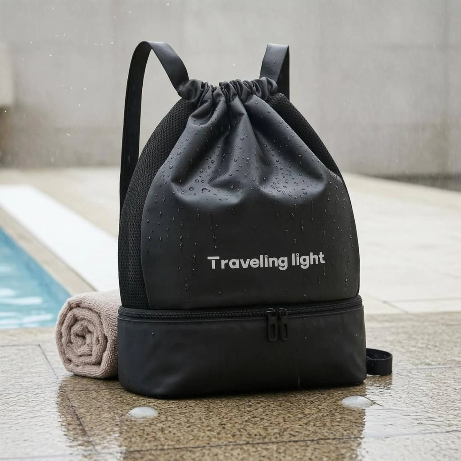 Drawstring Backpack Lightweight Zippered Compartment Backpack Drawstring Sports Bag Zipper Pocket Printed Text for Travel