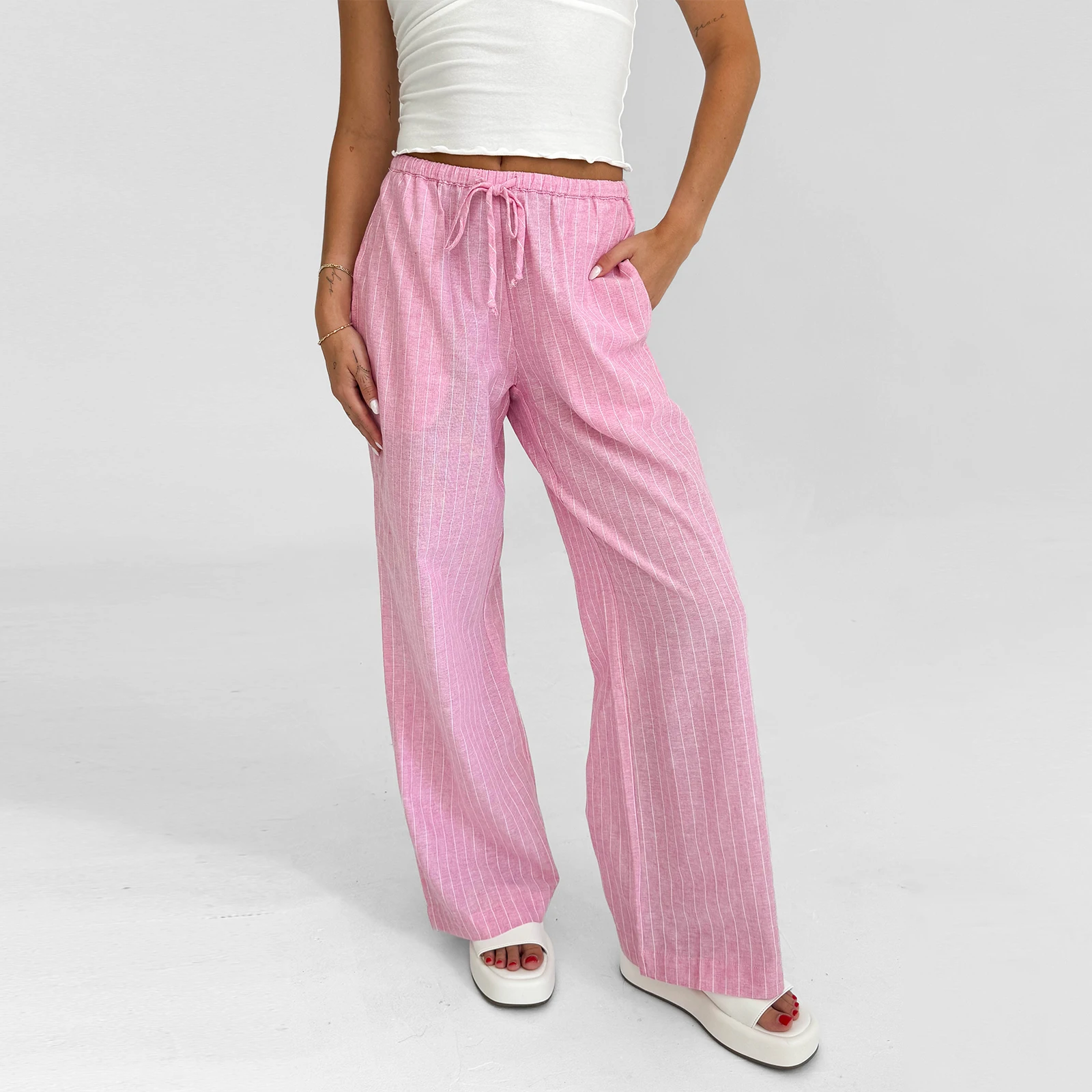 Women Loose Pants Stripe Micro-Sheer Drawstring Elastic Waist Trousers Casual Comfortable Daily Wear Walking Pants