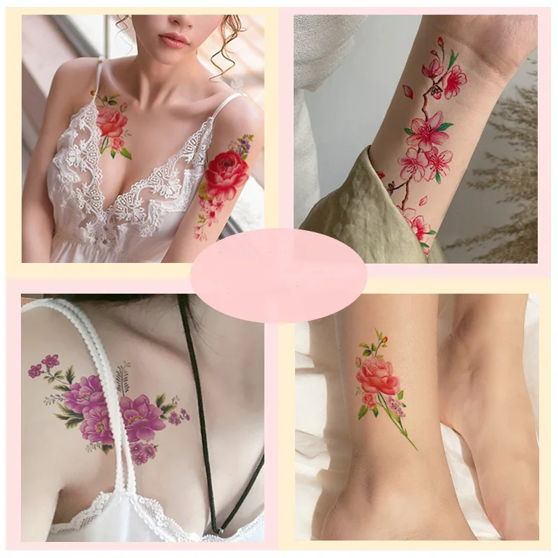 Sexy Flower Temporary Tattoo Stickers Waterproof Long-lasting Peony Rose Plum Blossom Scar Colored Body Art Fake Tattoo Stickers