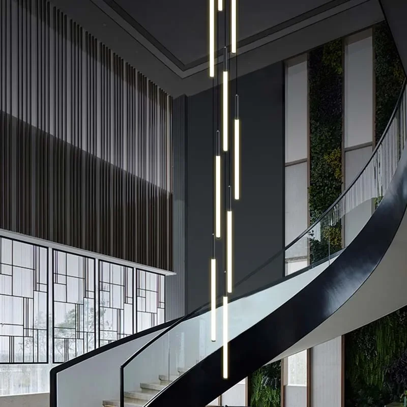 

Modern Tube LED Branch Chandelier For Staircase Black Line Creative Design Lighting Fixture Indoor Home Lustre Long Hanging Lamp