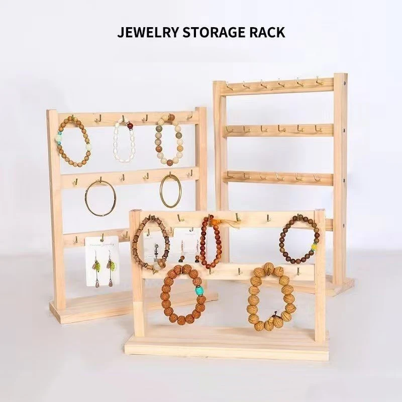 

1pc Solid Wood Necklace Hook Display Stand 4-Tier Jewelry Pack Multi-Layer Earrings Storage Rack Portable Table Display Stand