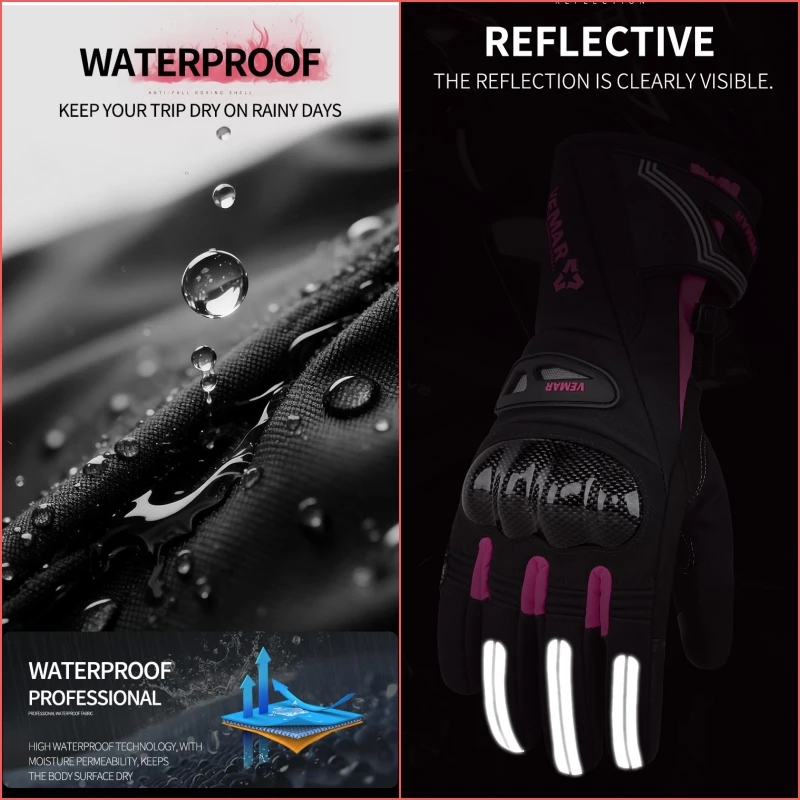VEMAR Women Cold Weather Motorcycle Gloves, Lady Pink Winter Warm Windproof Waterproof Motorbike Gloves with Anti-Slip Palm view 3