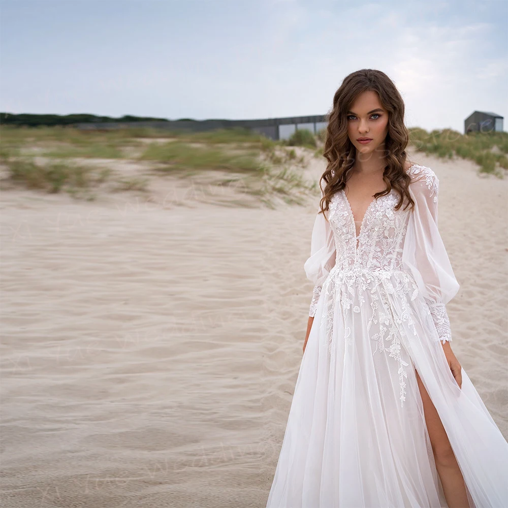 Robe de Mariée Trapèze en Dentelle pour Femme, Sexy, Col en V, Manches sulf, Fente Latérale, Plage, Personnalisée