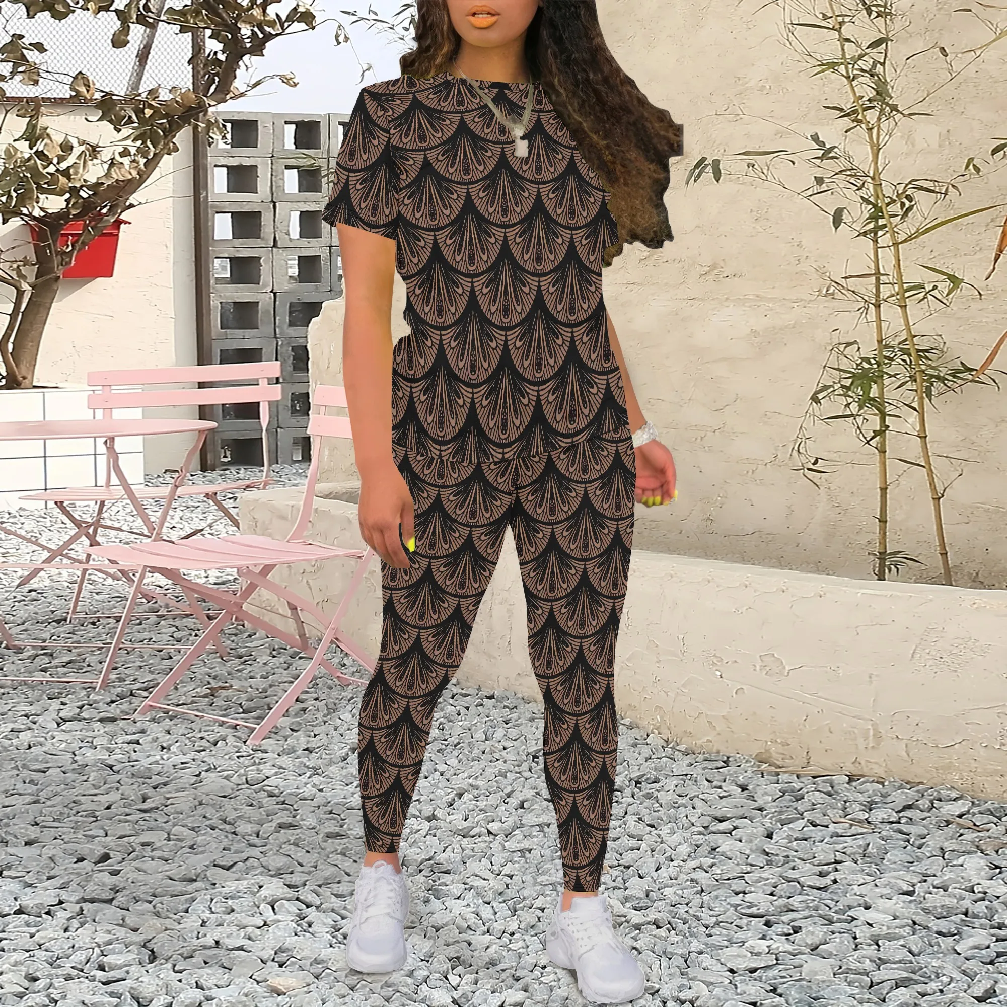 

Nupusa Fan Print Two - Piece Set for Women Standard Size Summer Casual Crew Neck Short Sleeve Outfit