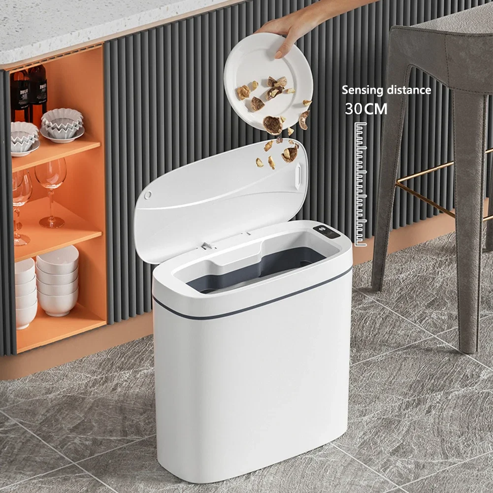 14L Automatic Trash Bin with Lid Intelligent Touchless Trash Can Quiet Garbage Bucket IPX5 Waterproof for Narrow Space Bathroom